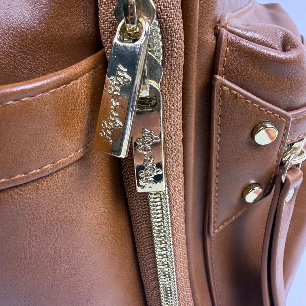 Itzy Ritzy Boss Backpack Diaper Bag Cognac Brown Vegan Leather Gold Hardware